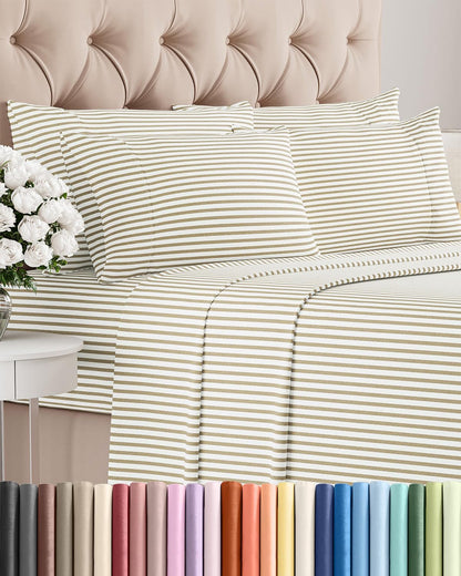 Queen 6 Piece Sheet Set - Soft Hotel Luxury Bedding | Comfy, Breathable & Cooling - Beige Stripes