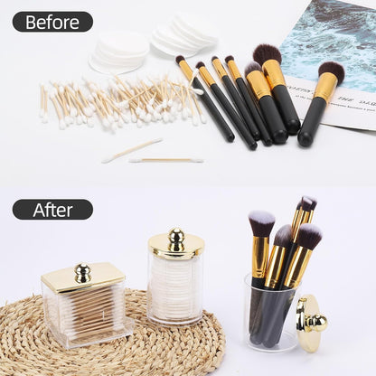 Tbestmax Qtip Dispenser - Elegant Bathroom Organizer with Gold Lids for Cotton Balls & Swabs | 3 Pack
