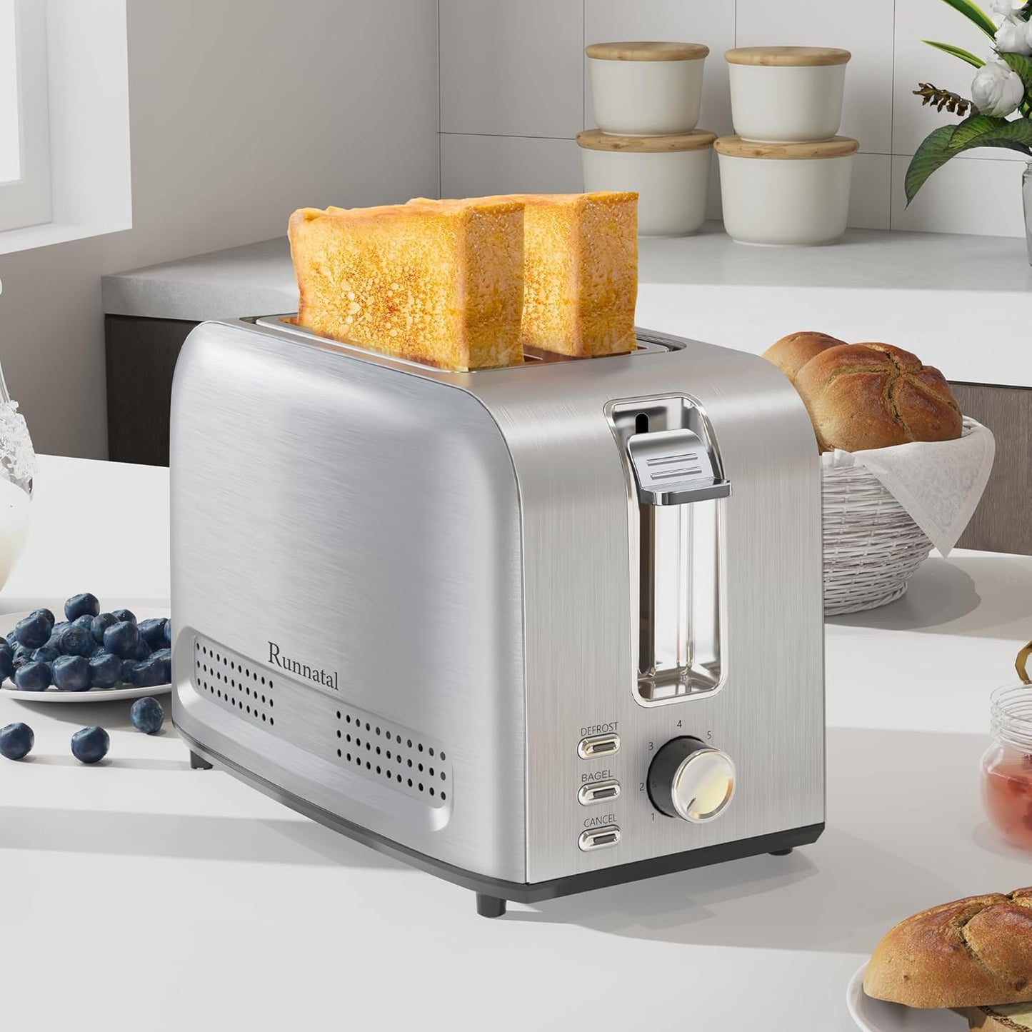 Runnatal 2-Slice Stainless Steel Toaster - Multifunctional with 7 Settings, Defrost & Bagel Functions | Easy to Clean, 120V 800W Silver