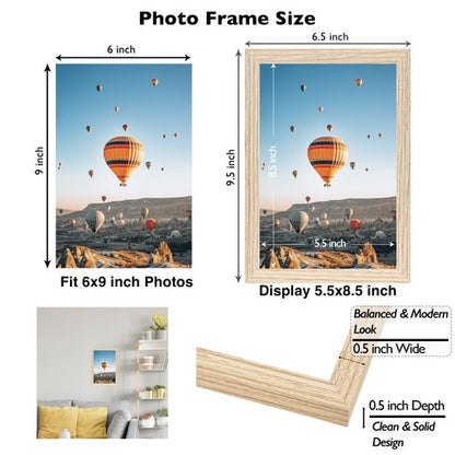 JCJMY 6x9 Picture Frame for Wall Hanging or Tabletop, Wall Mounting Horizontally or Vertically, 6 x 9 Wall Gallery Poster Photo Frame with Shatter Resistant Plexiglass, Natural