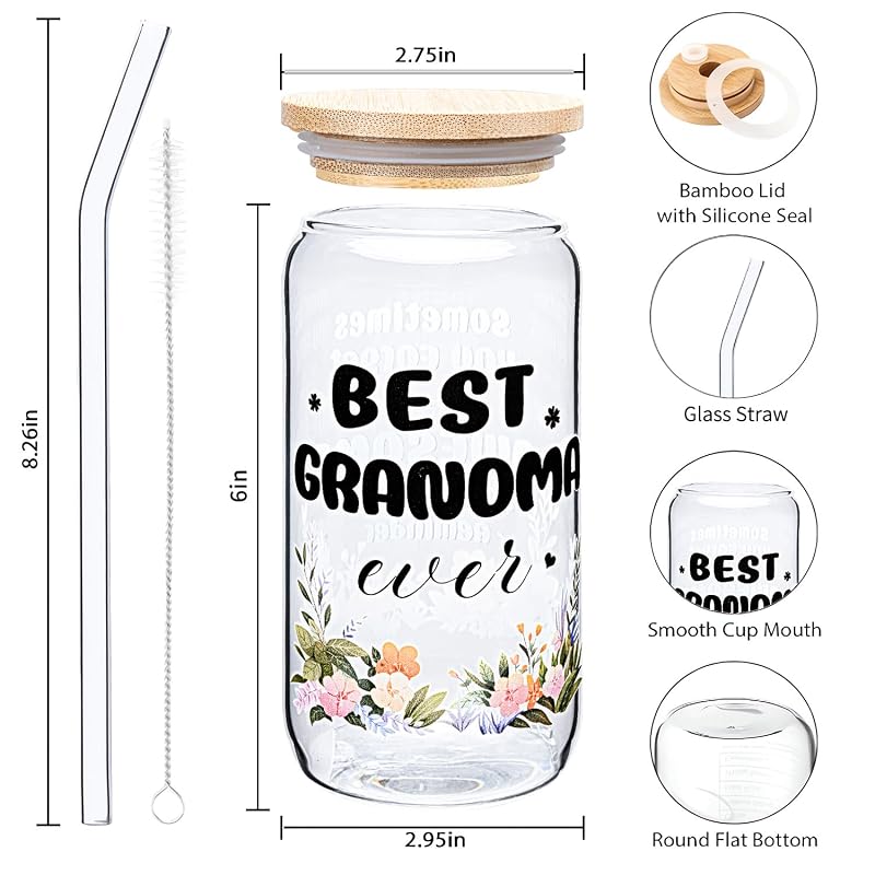 Can Glass Coffee Mug with Lid & Straw 16 Oz Gift for Grandma Variation: flower awesome grandma