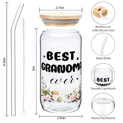 Can Glass Coffee Mug with Lid & Straw 16 Oz Gift for Grandma Variation: flower awesome grandma