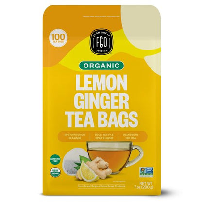 FGO Organic Lemon Ginger Tea, 100 Count, Eco-Conscious Tea Bags, Resealable Bag, Caffeine Free, Packaging May Vary (Pack of 1)