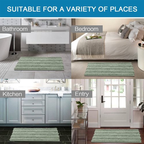 H.VERSAILTEX Bath Rugs for Bathroom Non Slip Bath Mats Extra Thick Chenille Striped Rug 20" x 32" Absorbent Non Skid Fluffy Soft Shaggy Washable Dry Fast Plush Mat for Indoor, Bath Room, Tub - Sage