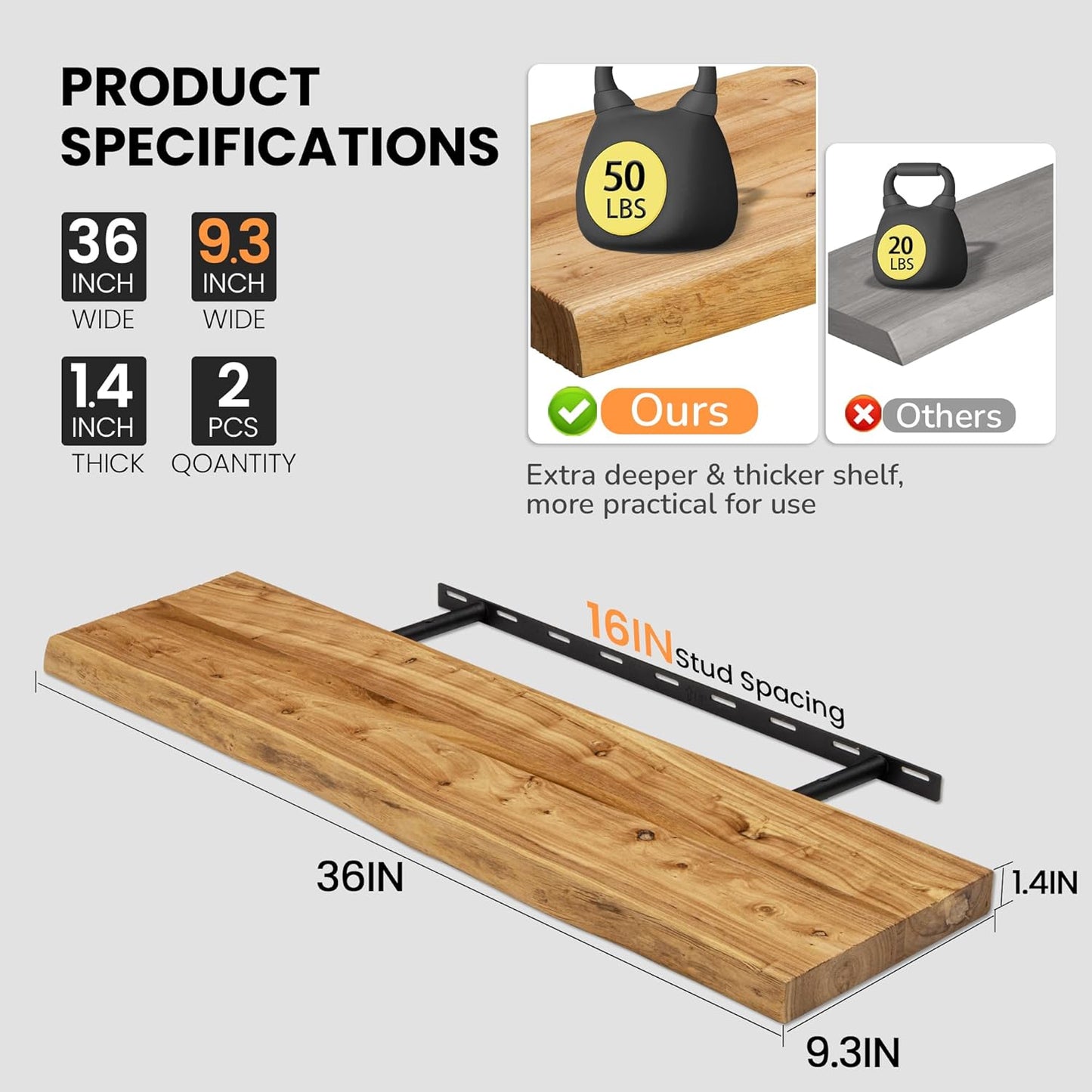 Rustic Elm Wood Floating Shelves by [Brand Name] - Heavy-Duty Live-Edge Design, 36"x9.3", Set of 2 for Home Decor