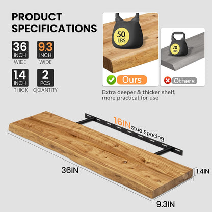 Rustic Elm Wood Floating Shelves by [Brand Name] - Heavy-Duty Live-Edge Design, 36"x9.3", Set of 2 for Home Decor