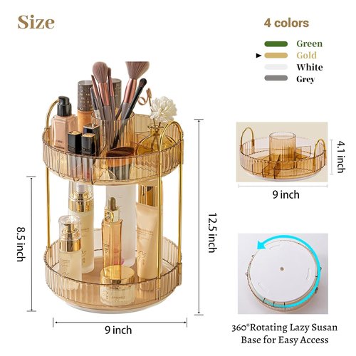 Aveniee 360 Rotating Makeup Organizer - Upgraded Two-Tier Vanity Storage for Perfume & Skincare - Gold