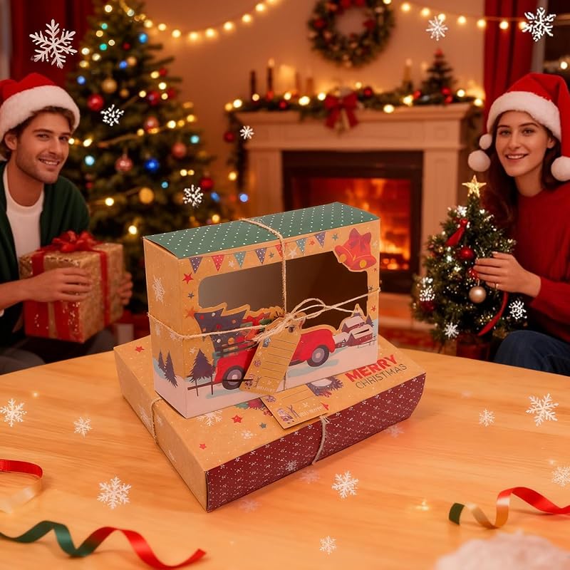 12-Pack Christmas Cookie Boxes with Window, Kraft Treat Tins with Ribbons & Tags