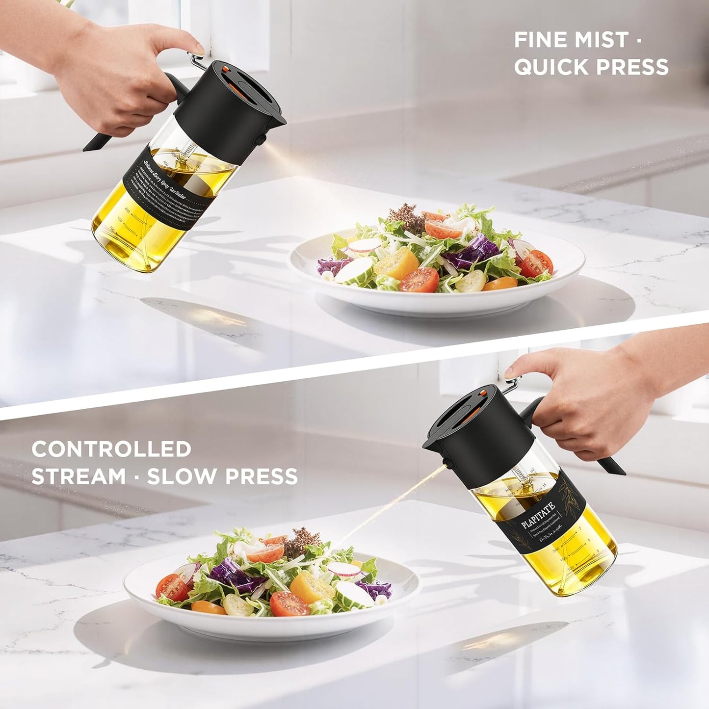 PLAPITATE Premium Olive Oil Sprayer - 2-in-1 Glass Dispenser with Portion Control | 17oz/500ml Black