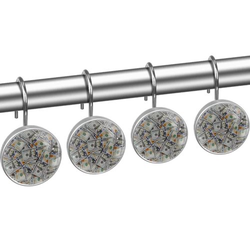 LRCCJS Money Design Shower Curtain Hooks - 12 Pack Decorative Dollar Bill Print Bathroom Curtain Rings, ABS Resin Anti-Rust Hook Set for Standard Rods