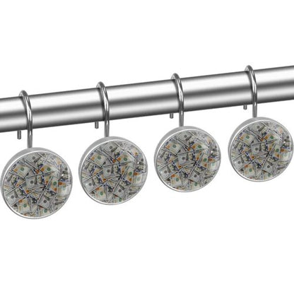 LRCCJS Money Design Shower Curtain Hooks - 12 Pack Decorative Dollar Bill Print Bathroom Curtain Rings, ABS Resin Anti-Rust Hook Set for Standard Rods
