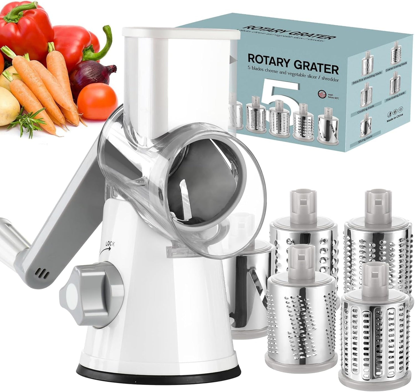 Ourokhome Rotary Cheese Grater - Hand Crank Kitchen Shredder with 5 Blades for Cheese, Vegetables & Nuts - White