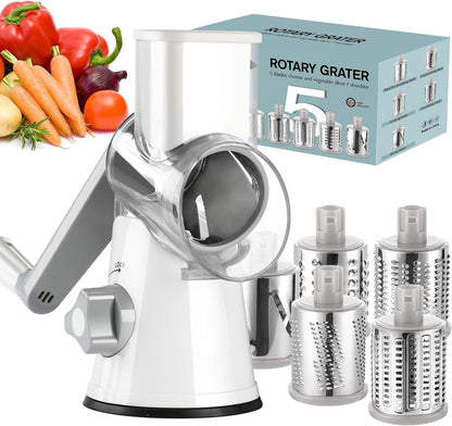 Ourokhome Rotary Cheese Grater - Hand Crank Kitchen Shredder with 5 Blades for Cheese, Vegetables & Nuts - White