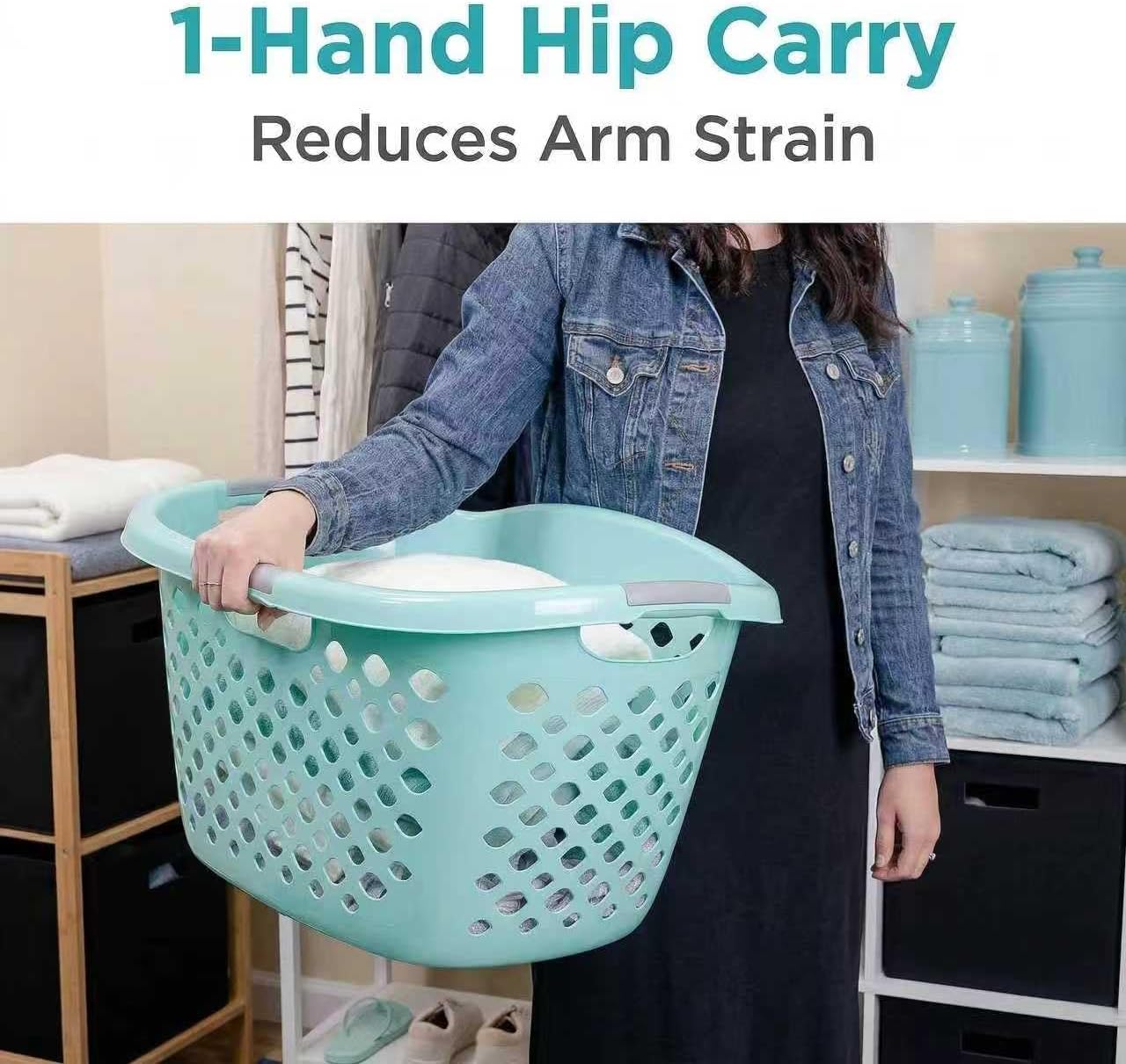 Skiennix 1.8 Bushel Hip Hugger Laundry Basket - Teal Flexible Plastic Hamper for Easy One-Hand Carry