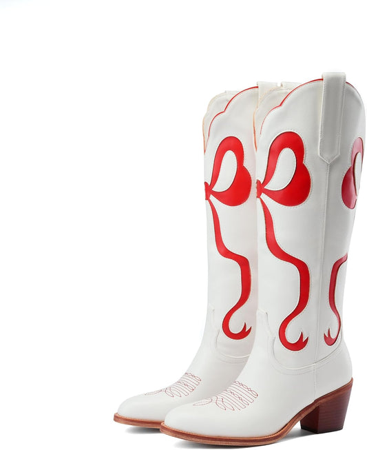 Skiennix Women's White Cowgirl Boots - Knee High, Almond Round Toe, Chunky Heel, Embroidered Design