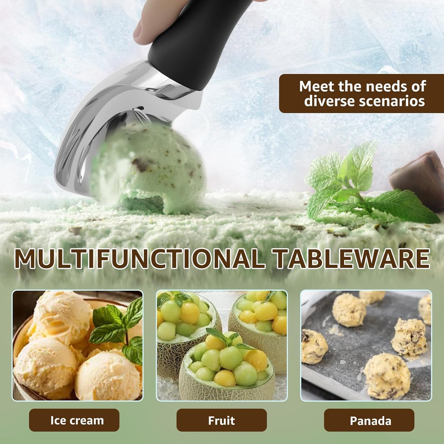 Skiennix Ice Cream Scoop - Ergonomic Soft Grip Handle for Easy Serving | Black Multifunctional Design