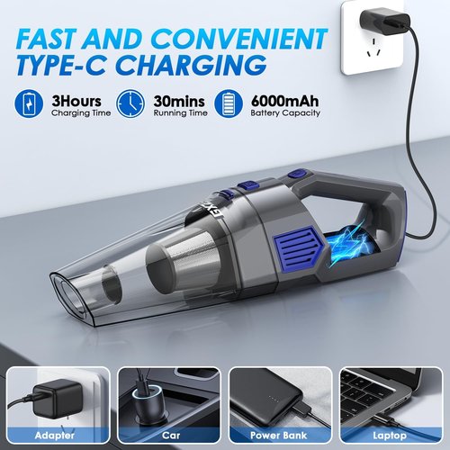 Gxzsk Handheld Vacuum - Cordless 15000PA Strong Suction Car Vacuum Cleaner | Rechargeable & Portable with Multi-Nozzles