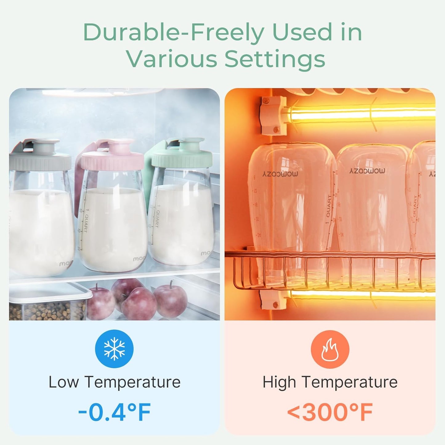Momcozy Breast Milk Pitcher - No Leak Glass Storage Container for Easy Baby Formula | Green, Heat & Cold Resistant