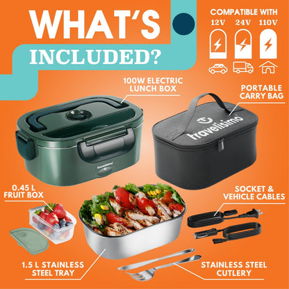 Travelisimo Electric Lunch Box - 100W Heated Portable Food Warmer for Adults | 1.5L Stainless Steel, 12/24/110V