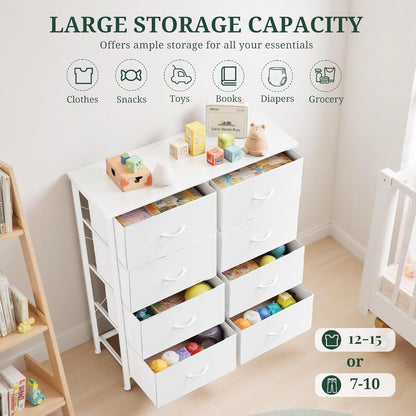 Regine Switzerland 8-Drawer Dresser - Anti-Tip Storage Organizer with Wooden Top & Metal Frame | White