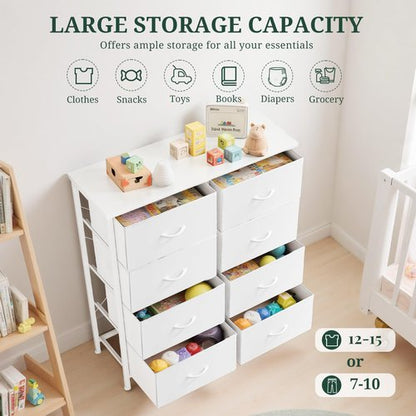 8-Drawer Dresser for Bedroom, Anti-Tip Tall Storage Organizer Chest of Drawers with Wooden Top and Metal Frame Fabric Bins for Closet, Living Room, Hallway, Entryway, White