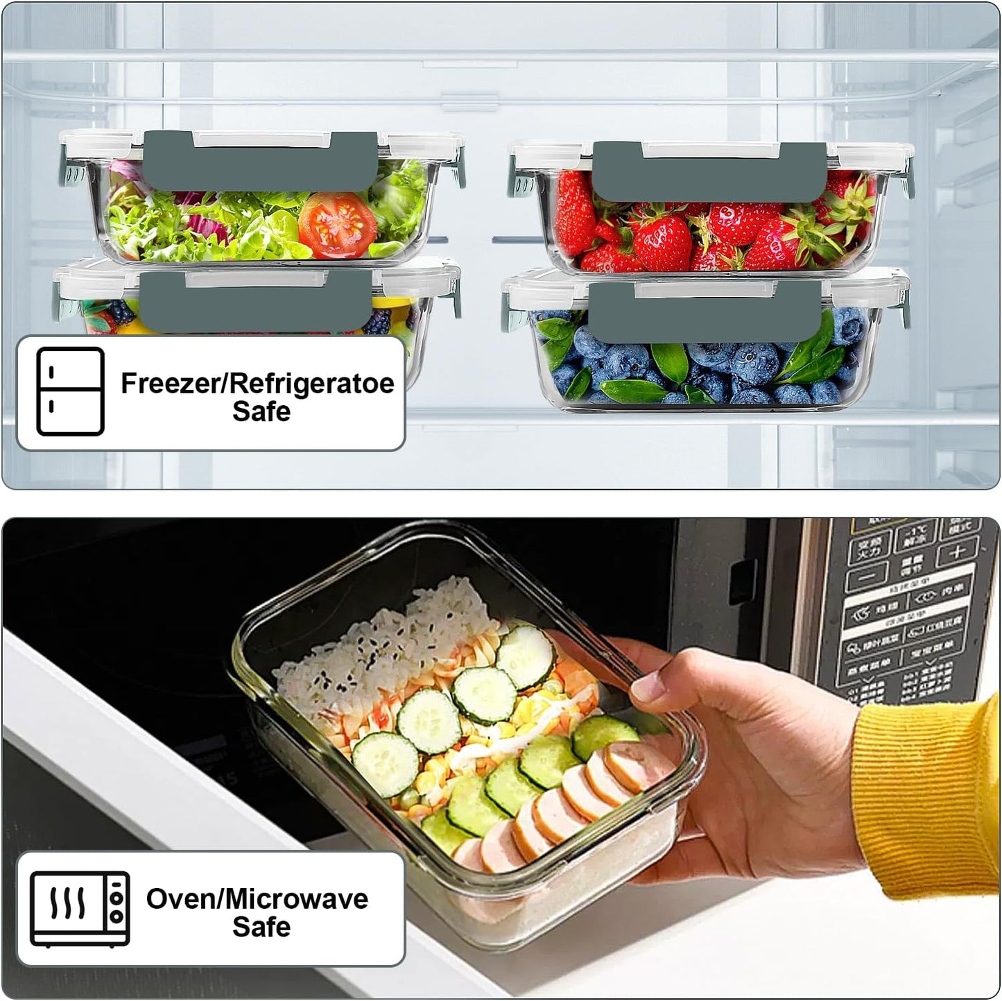 VERONES 22 OZ Glass Meal Prep Containers - Airtight BPA-Free Lunch Set | 10 Pack, Microwave & Oven Safe, Grey