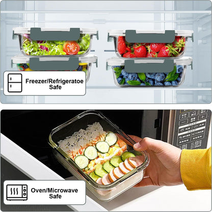 VERONES 22 OZ Glass Meal Prep Containers - Airtight BPA-Free Lunch Set | 10 Pack, Microwave & Oven Safe, Grey