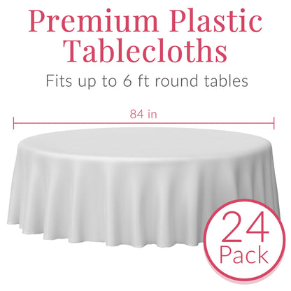 Prestee 24 White Round Plastic Tablecloth, 84" Plastic Table Cloth, Disposable Tablecloths, White Tablecloths, Plastic Table Cover, Paper Tablecloths for Christmas Party, Fine Dining, Wedding, Holiday