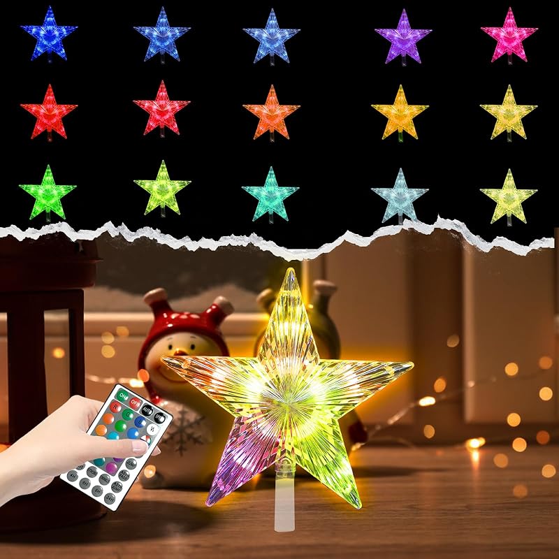 Christmas Star Tree Topper 9.5in 17 Colors with 4 Speed Modes & Remote (3AA Battery Powered) - IP44 Indoor/Outdoor