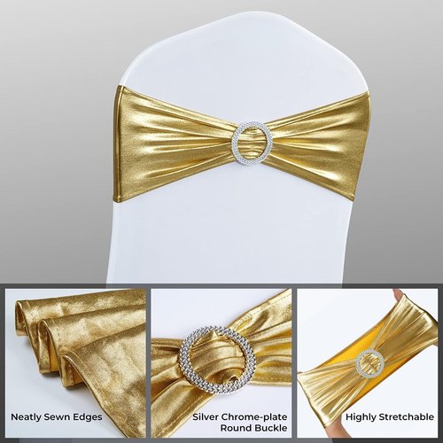 Babenest Spandex Chair Sashes - 50PCS Premium Stretch Covers with Buckle Slider | Metallic Gold for Weddings & Events