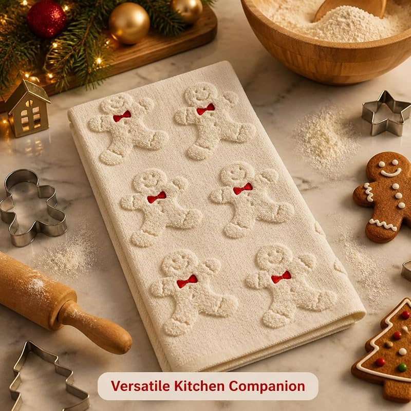 2Pcs Christmas Hand Towels for Bathroom - 100% Cotton, Gingerbread Jacquard Embroidery (Beige Gingerbread)
