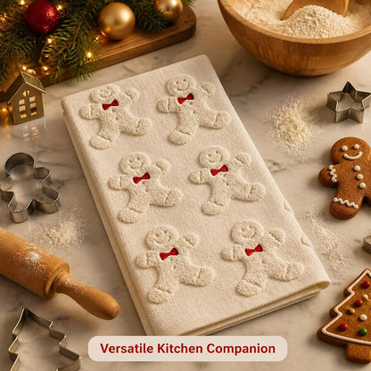 2Pcs Christmas Hand Towels for Bathroom - 100% Cotton, Gingerbread Jacquard Embroidery (Beige Gingerbread)