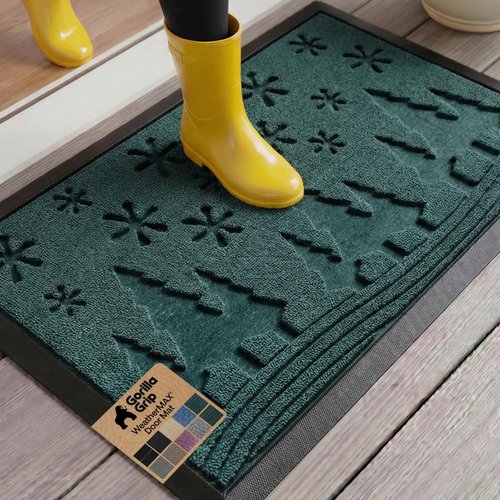 GORILLA GRIP 100% Waterproof All-Season WeatherMAX Doormat, US Designed Natural Rubber, Stain and Fade Resistant, Low Profile Indoor Outdoor Door Mats, Easy Clean Patio Mat, 29x17, Green Snowscape