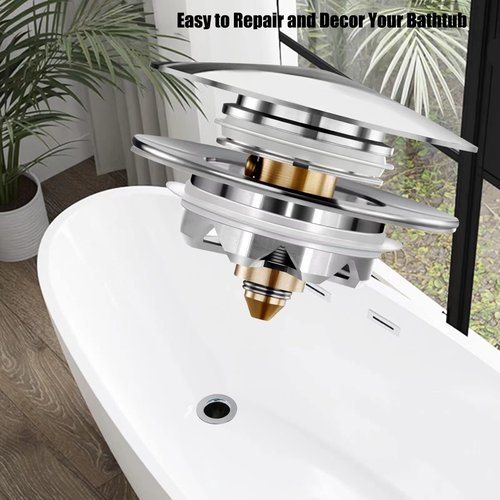 Anlige Bathtub Drain Stopper, Pop Up Tub Stopper and Cover, Bottom with Hair Catcher, Universal for 1.45 to 1.8 in Drain, Replaces Old Drain Plug, Chrome Silver