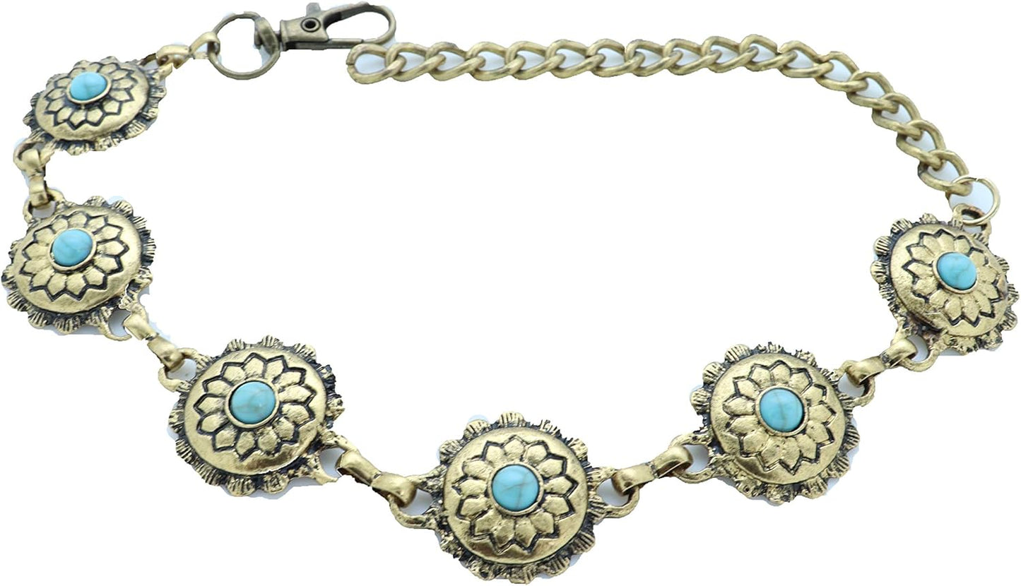 Skiennix Women's Western Antique Metal Boot Chain Anklet - Turquoise Blue Bead Flower Charm
