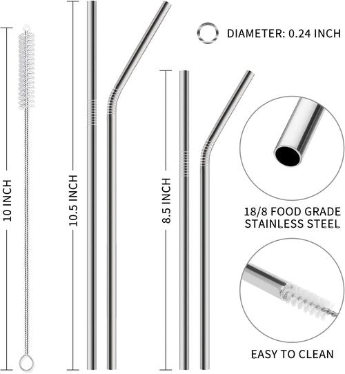 Hiware 12-Pack Reusable Stainless Steel Straws - Long, Dishwasher Safe Straws for 30 oz & 20 oz Tumblers | Includes 2 Cleaning Brushes