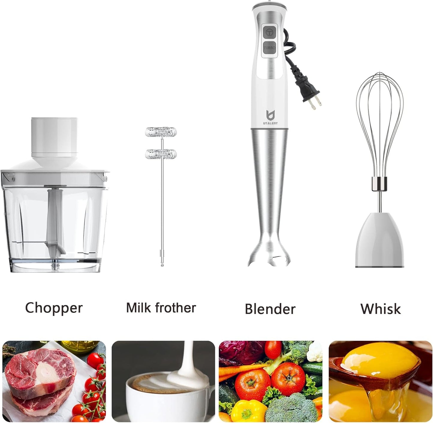 UTALENT Immersion Blender - 5-in-1 8-Speed with Food Grinder, Milk Frother & Egg Whisk - White