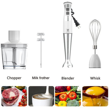 Immersion Hand Blender, UTALENT 5-in-1 8-Speed Immersion Blender with 500ml Food Grinder, 600ml Container,Milk Frother,Egg Whisk,Puree Infant Food, Smoothies, Sauces and Soups - White