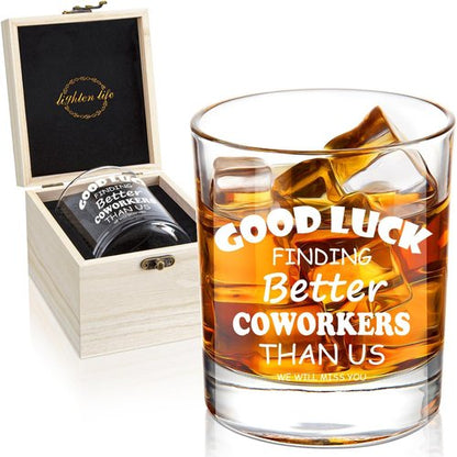 LIGHTEN LIFE Good Luck Finding Better Coworkers Than Us Whiskey Glass 12 oz,Novelty Coworker Leaving Gift in Valued Wooden Box,Farewell Gift for Coworker Boss Colleague Friend Men