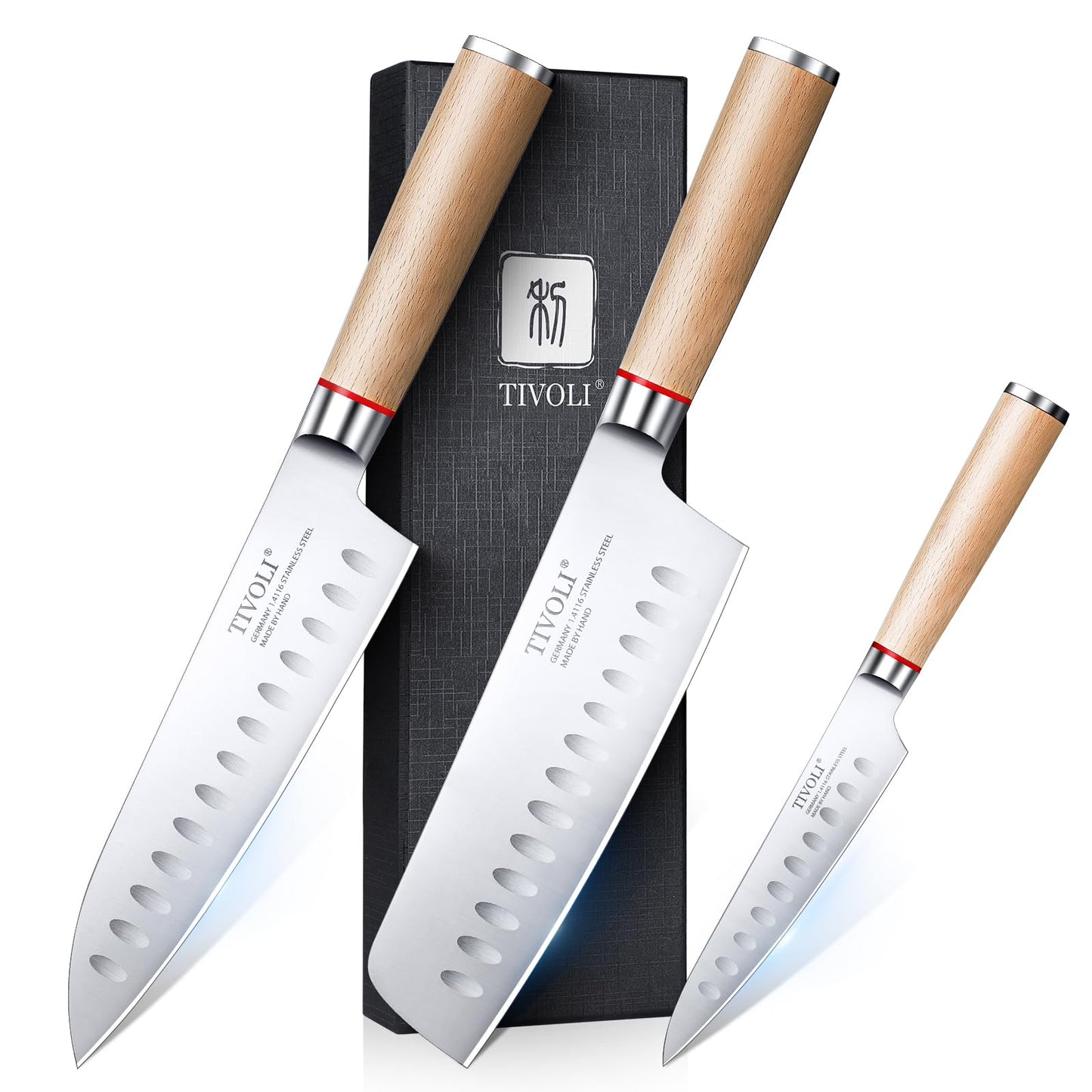 TIVOLI Kitchen Knife Set,3PC Professional Chef Knife Set Stainless Steel Japanese Knives Set for Kitchen Sharp Blade with Wooden Handle Cooking Knife, Nakiri Knife, Chef Knife, Paring Knife