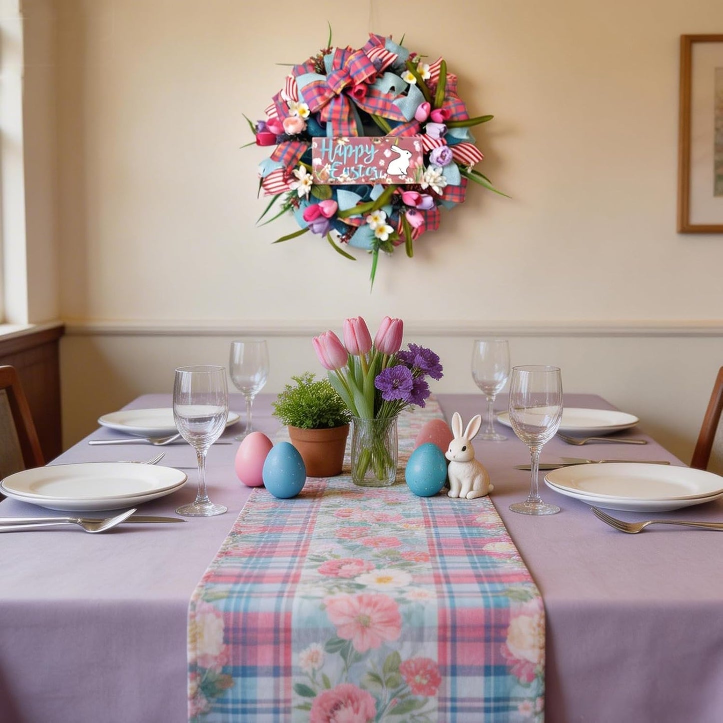 Spring Easter Bunny Wreath - 22 Inch Floral Design with Pink Tulips for Front Door Decor