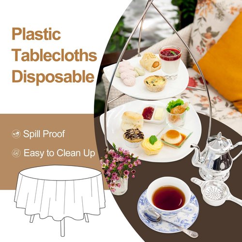 Brown 16-Pack Plastic Tablecloths by [Brand Name] - 84-Inch Disposable Round Party Covers