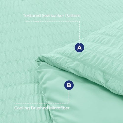 HYMOKEGE Queen Comforter Set - Mint Green Seersucker 7-Piece Luxury Bedding | All-Season Bed in a Bag
