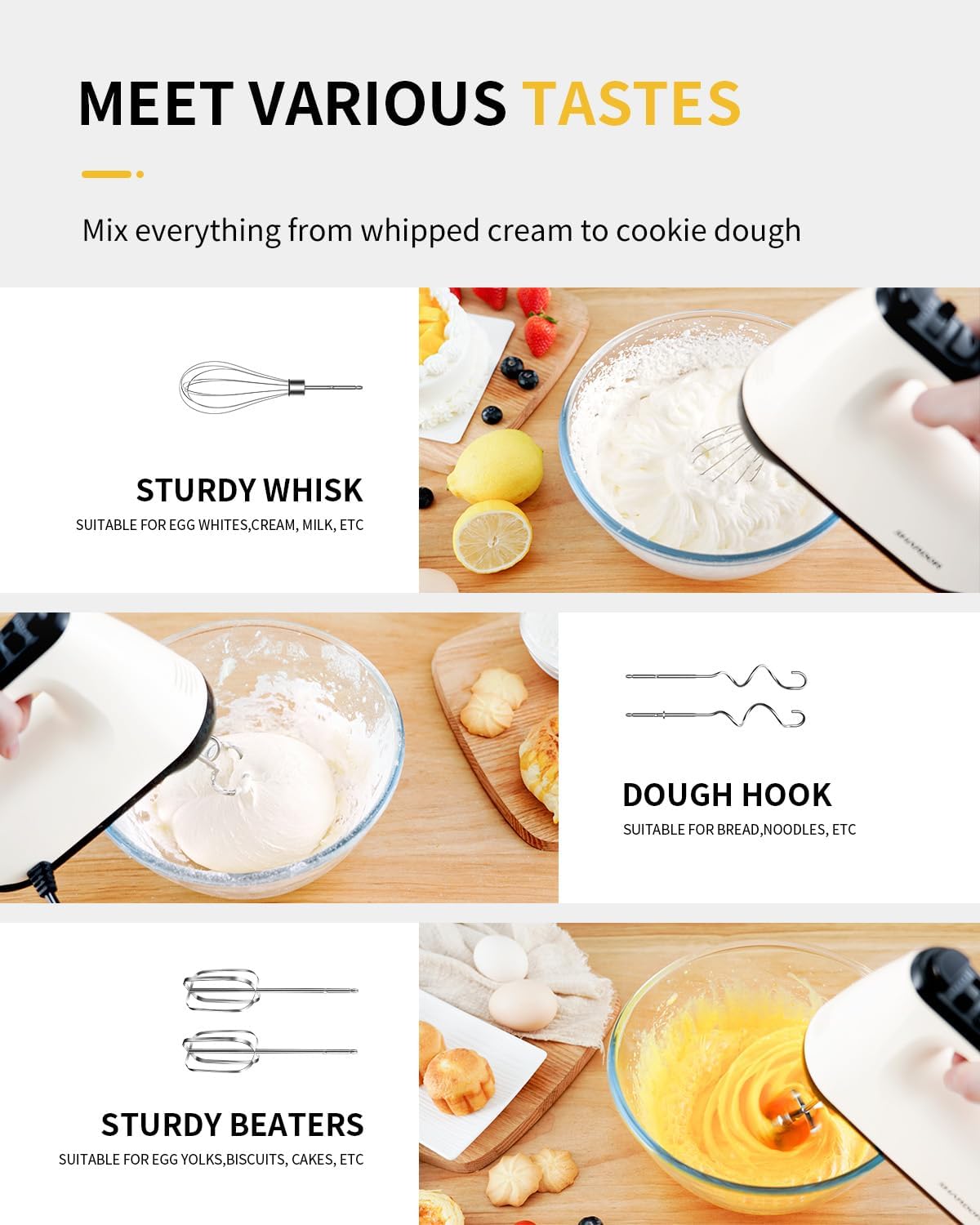 SHARDOR Electric Hand Mixer - 6 Speed Turbo with Snap-On Storage Case & 5 Stainless Steel Attachments - White