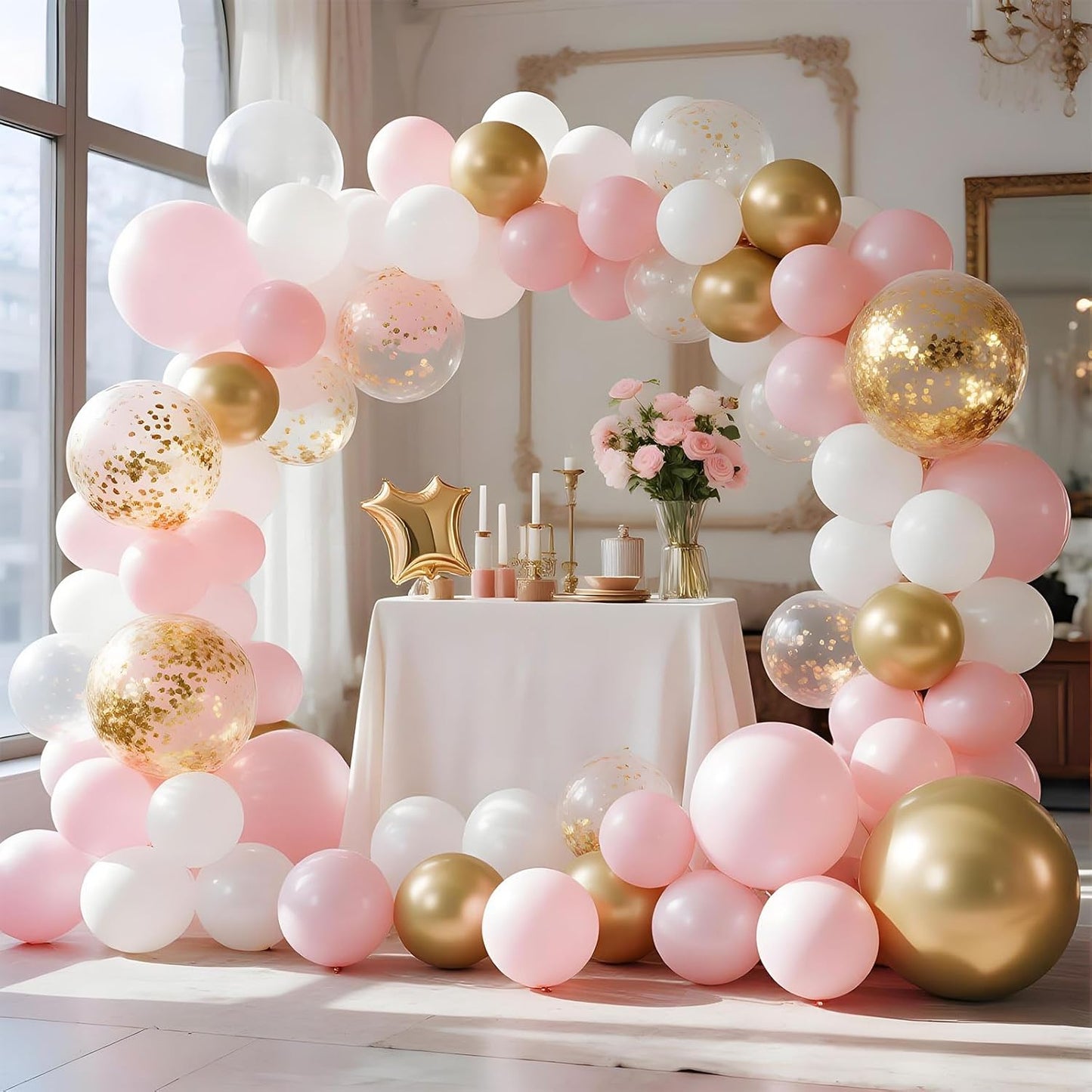 Skiennix Pink Gold Confetti Latex Balloons - 35 Pcs 12 Inch Pink & White Balloons for Birthday & Baby Shower Decor