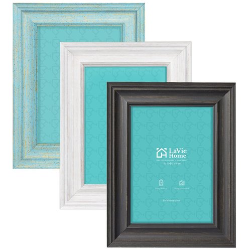 LaVie Home 5x7 Picture Frames (3 Pack, Assorted Colors) Rustic Wood Grain Photo Frame Set with High Definition Glass for Wall Mount & Table Top Display