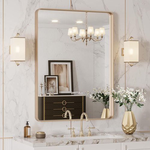 LOAAO Gold Bathroom Mirror - 24”X32” Rounded Rectangle Design | Brushed Gold Frame, Anti-Rust, Versatile Mounting