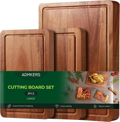Acacia Wood Cutting Board Set - Large Charcuterie & Chopping Boards for Meat, Cheese, Fruits | Set of 3