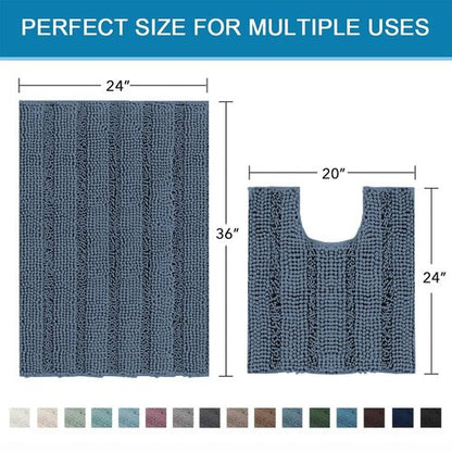 H.VERSAILTEX Bathroom Rug Sets 2 Piece Bath Mats Non Slip Thick Soft Chenille Striped Bath Rug achine Washable Shower Floor Rugs for Tub, Shower and Floor (Blue Indigo, 36"x24" Plus 20"x24" U)