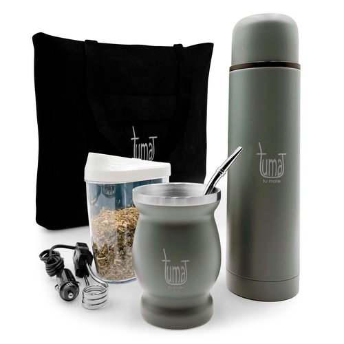 Complete Yerba Mate Kit - Includes Mate Cup, Straw (Bombilla), 750ml Thermos, Bag and two gifts (Container Yerbero and Car Immersion Heater) - Stainless Steel Yerba Mate Set (Dark Gray)